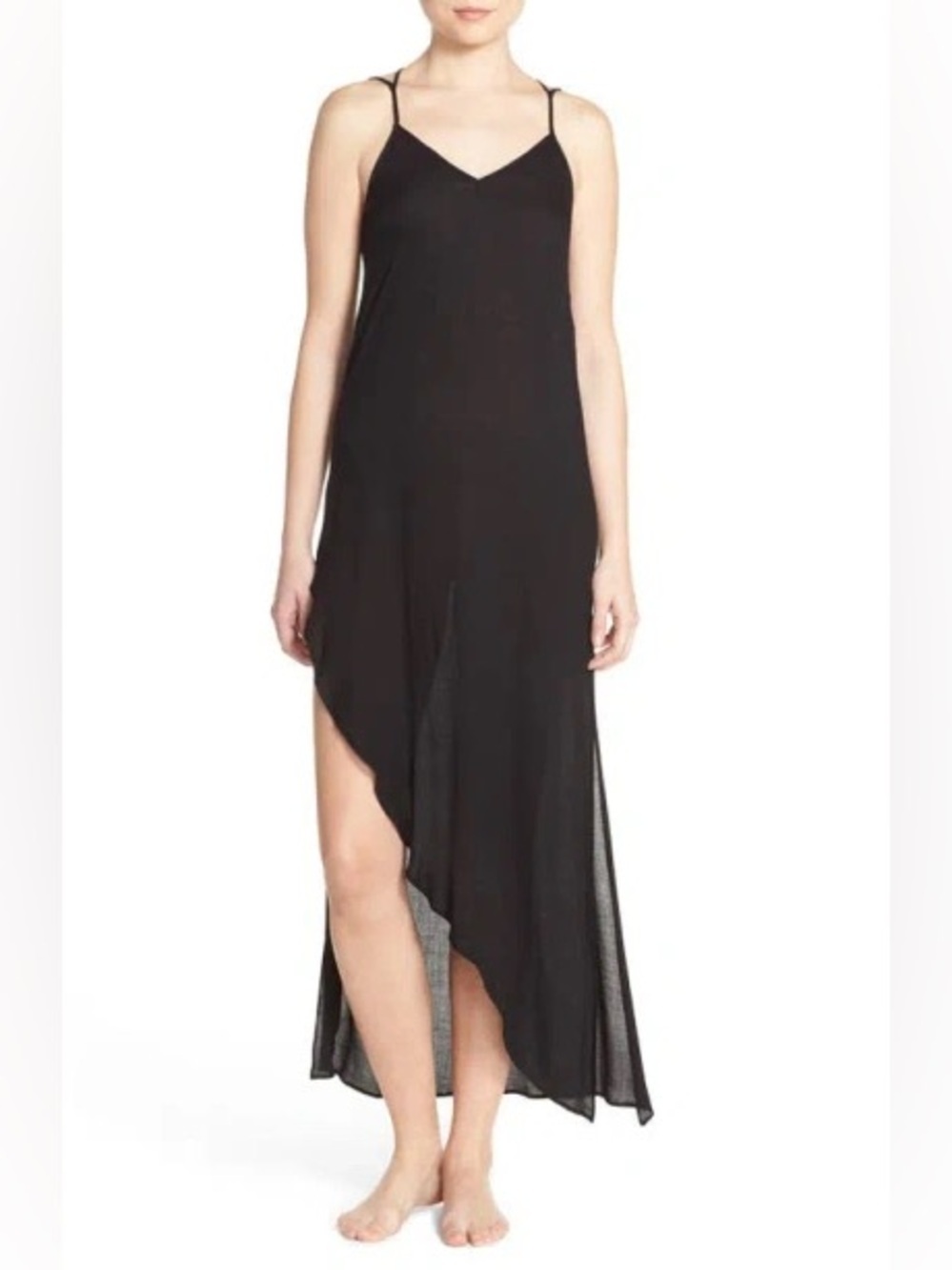 Free People Black Long Crisscross-Back Nightgown with Asymmetric Hem 100% Rayon
